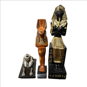 Vintage Egyptian Anubis, Sphinx and Sitting Pharaoh Wooden Miniature Sculptures